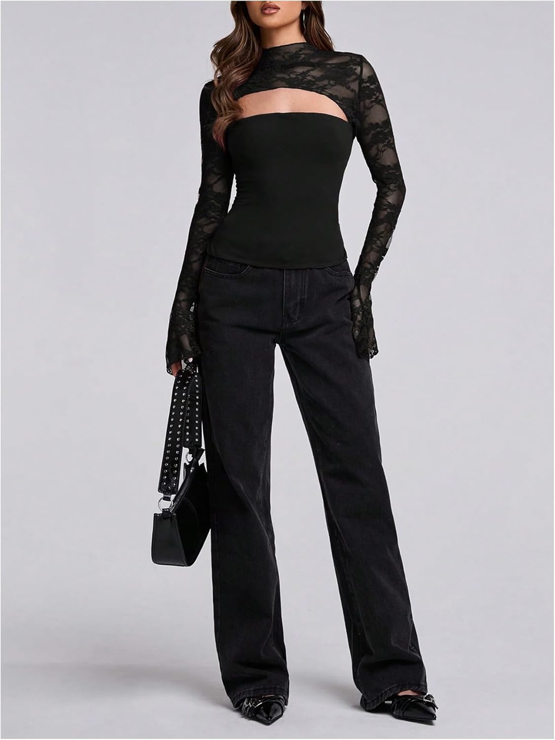 OYOANGLE Women's Floral Lace Sheer Mock Neck T Shirt Long Sleeve Cut Out Tshirts Fitted Party Going Out Tops - Image 5