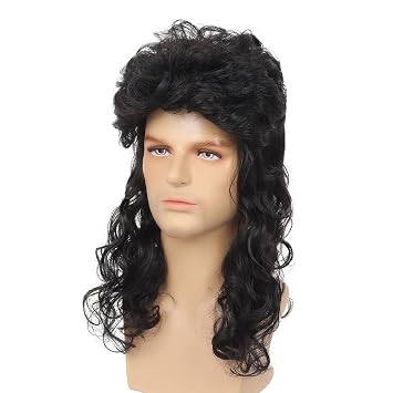 Mullet Wigs for Men Black 80s Long Curly Wig Halloween Party Costumes Party Hair Wig for Male Guy