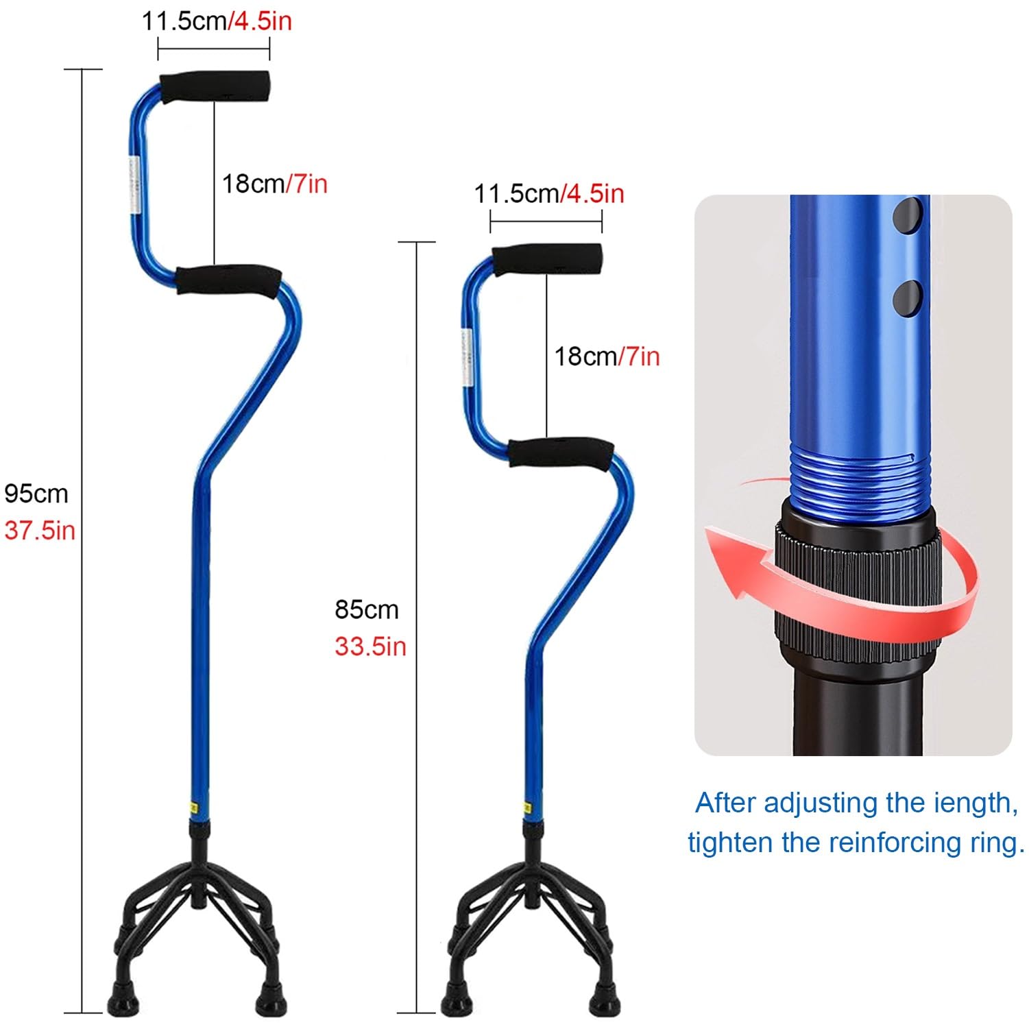 Bastón de 4 Patas Bastón Ajustable, Ligero Aluminio Ayuda para Caminar con Base Amplia para Mayor Estabilidad, Personas Mayores y Adultos Carga 180kg