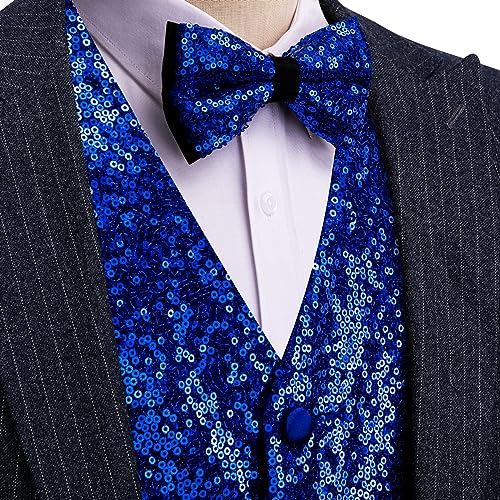 Barry.Wang Mens Sequins Vest Formal/Leisure V-neck Shiny Waistcoat Bowtie Set Prom Party Tuxedo2
