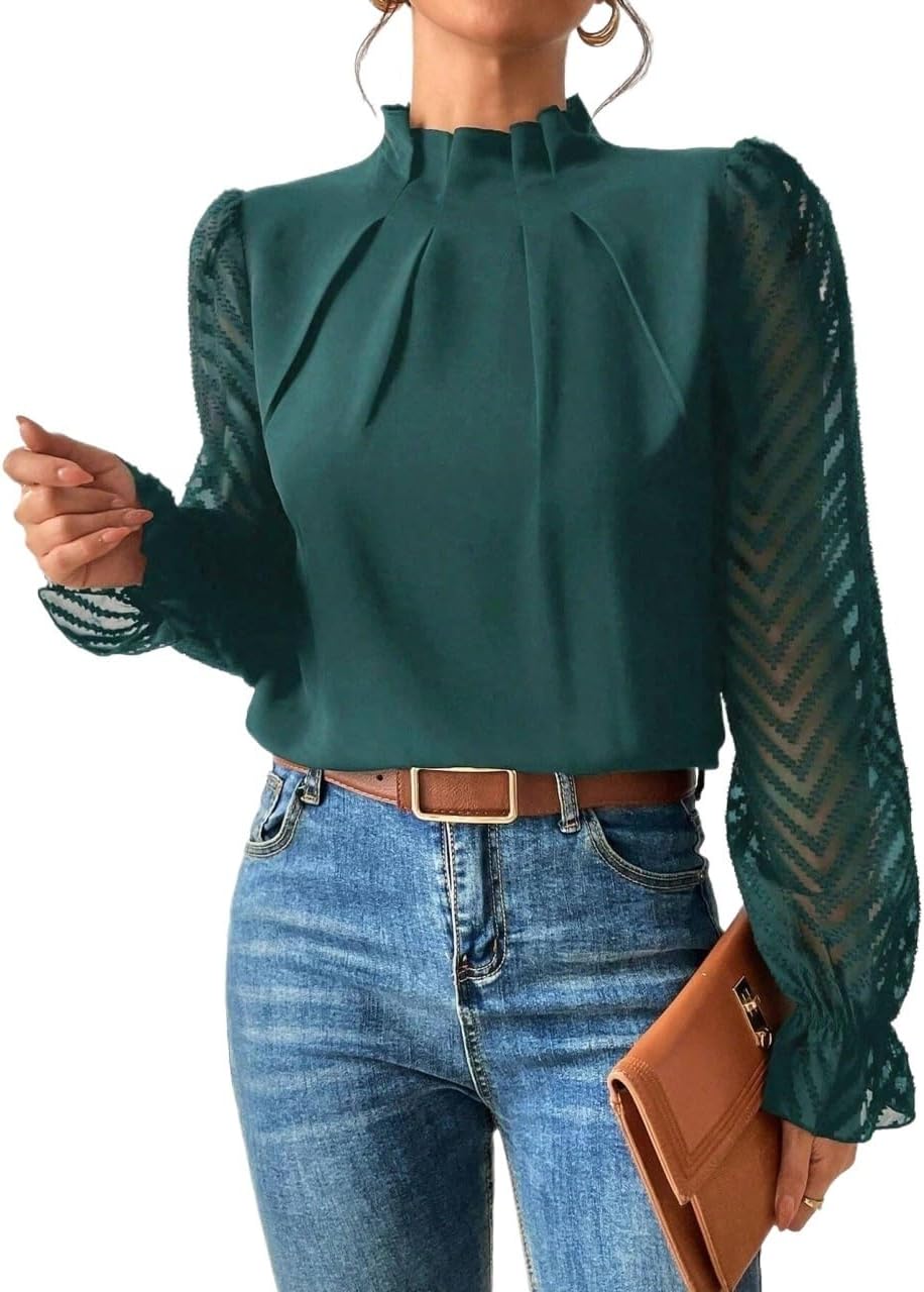 Women's Long-Sleeved Shirt Stand Collar Mesh Long Sleeve