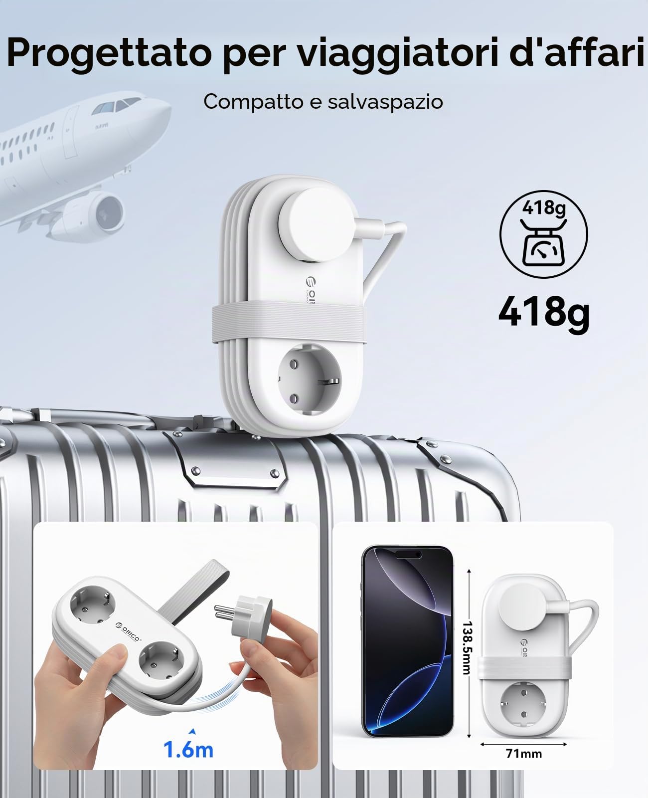 ORICO 65W GaN Presa da Viaggio Multipla con USB-C, 6-in-1 Presa Multipla per Carica Rapida con 4 USB, Prolunga Multpresa con Cavo Raccoglibile 1.6m per MacBook, iPad, Cellulare, Viaggi - AP3 Bianco | 2 prese Schuko, 2 USB-A e 2 USB-C, tecnologia GaN, 2500