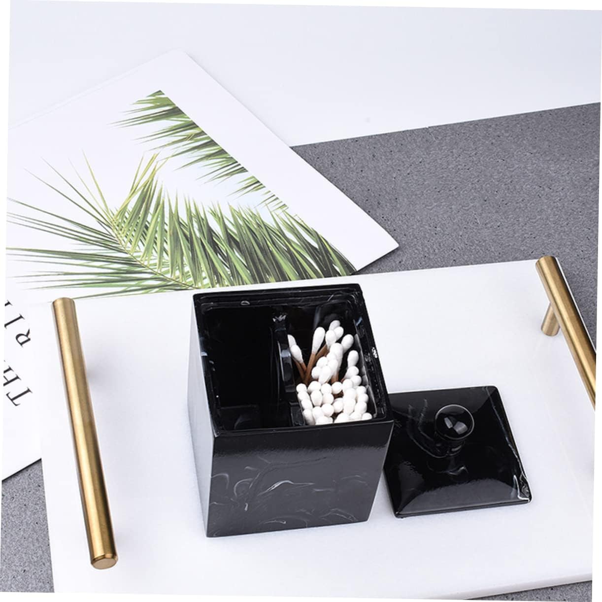 PRETYZOOM 2pcs Double Grids Resin Marble Cotton Swab Storage Box and Makeup Organizer for Home Stylish Black Design for Cotton Pads and Swabs Functional Decor for Bathroom and Vanity