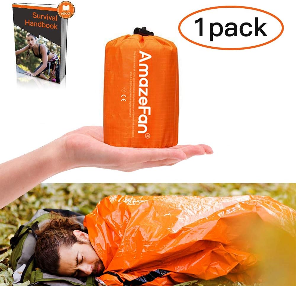 AmazeFan Emergency Sleeping Bag, Survival Sleeping Bag PE Aluminum Film, Lightweight Waterproof Thermal Bivvy Bag Emergency Blanket Bushcraft for Outdoor Camping and Hiking