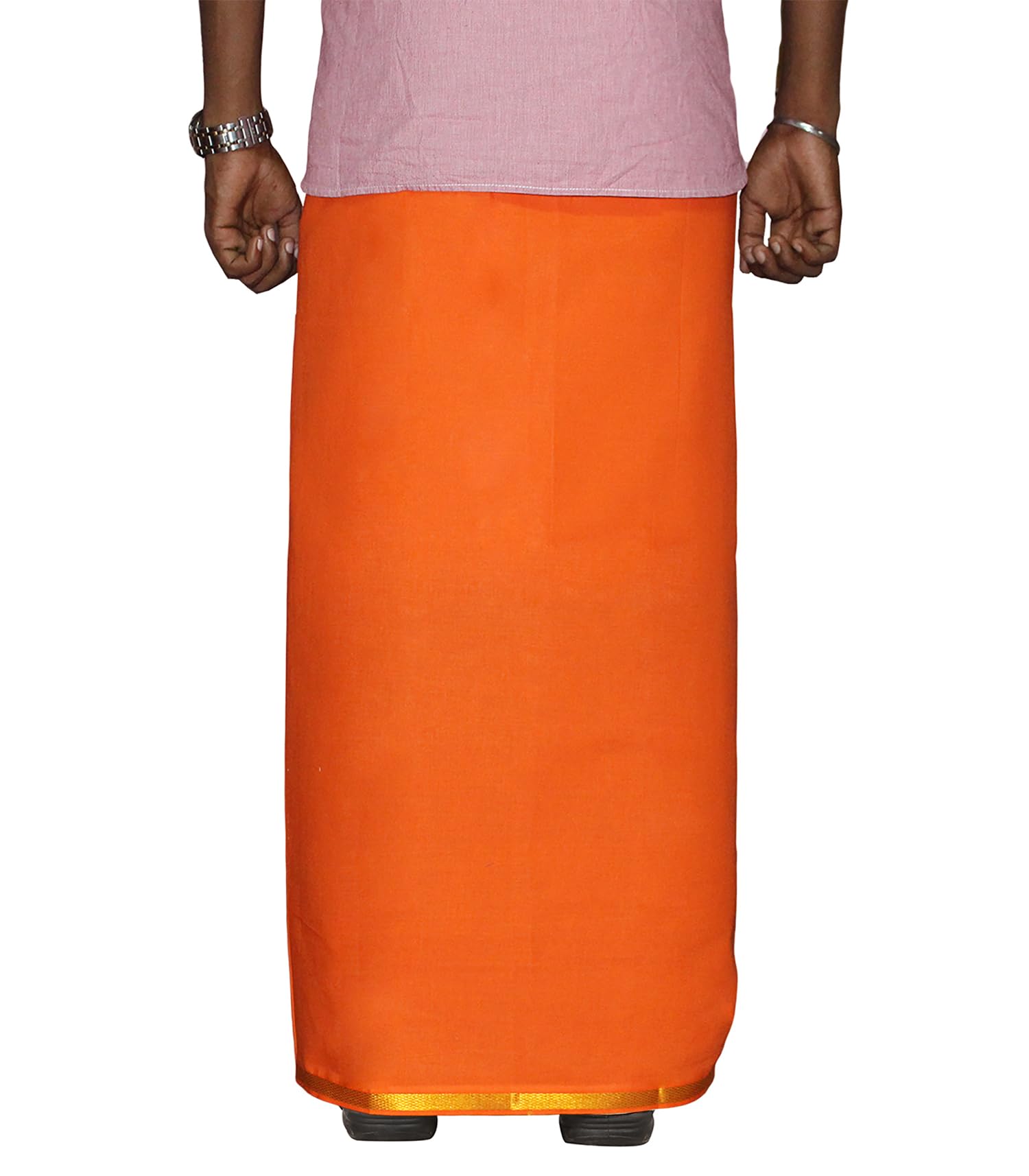 Prakasam Cotton Men's Single Orange Colour Welcro Stitched Pocket Jari Dhoti With Matching Gold Jari Towel