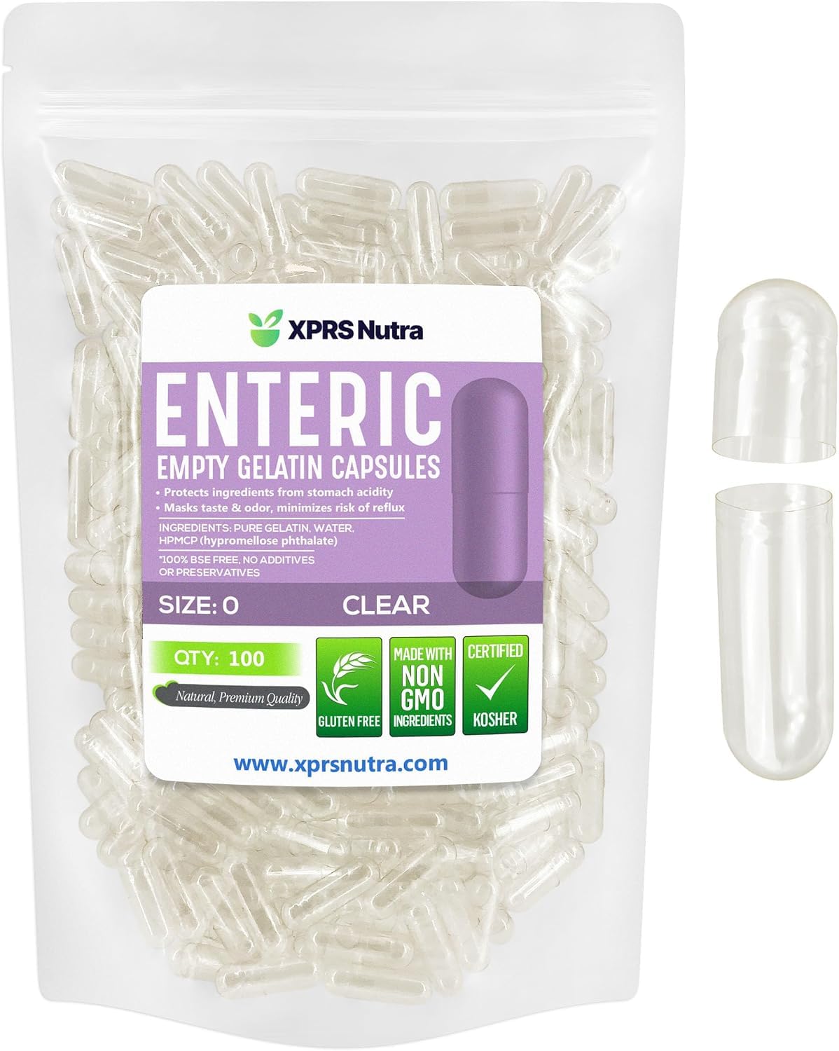XPRS Nutra Size 0 Empty Capsules - 500 Count Clear Enteric Coated Gelatin Capsules - Delayed Release Pills - DIY Capsule Filling - Pure Bovine Enteric Gel Caps 500 Count (Pack of 1)