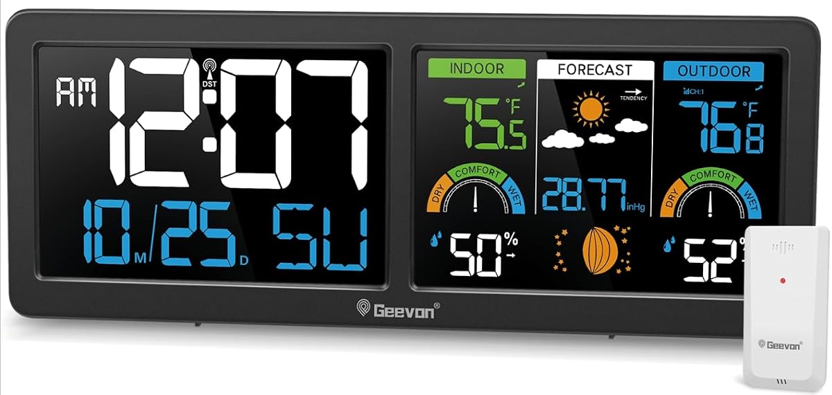 Geevon Weather Stations Termómetro inalámbrico para interiores y exteriores con reloj atómico, pantalla a color HD, medidor digital de temperatura y humedad con brometro, indicador de comodidad y retroiluminación ajustable (negro)