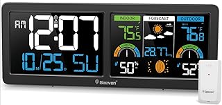 Geevon Weather Stations Wireless Indoor Outdoor Thermometer with Atomic Clock, HD Color Display Digital Temperature Humidity Gauge with Brometer, Comfort Indicator, and Adjustable Backlight (Black)