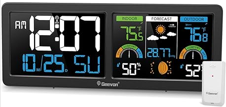 Geevon Weather Stations Wireless Indoor Outdoor Thermometer with Atomic Clock, HD Color Display Digital Temperature Humidity Gauge with Brometer, Comfort Indicator, and Adjustable Backlight (Black)