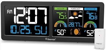Geevon Weather Stations Wireless Indoor Outdoor Thermometer with Atomic Clock, HD Color Display Digital Temperature Humidity Gauge with Brometer, Comfort Indicator, and Adjustable Backlight Black