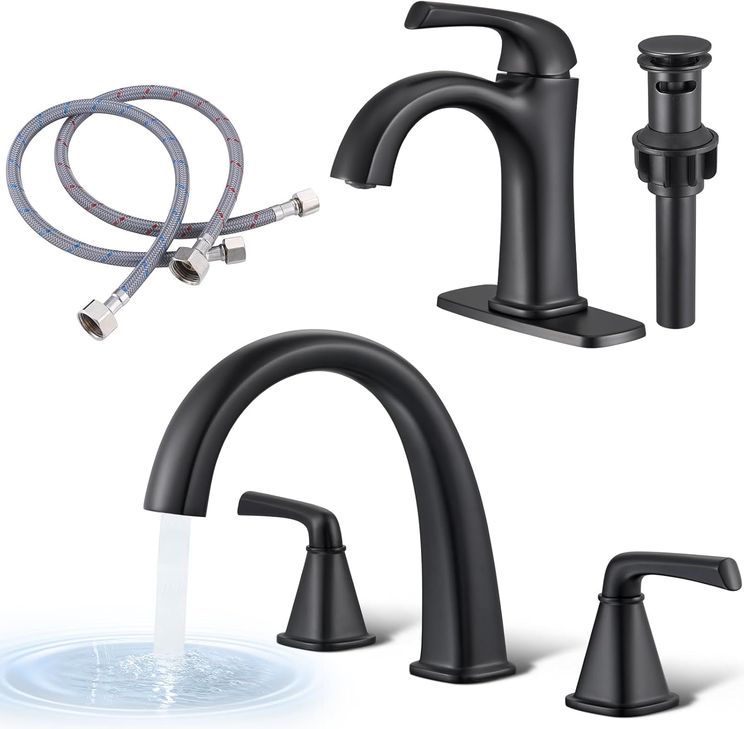 Same Series 1 Hole Sink Faucet & 3 Hole Bathtub Faucet, for Most Standard Sinks and Tubs-Black
