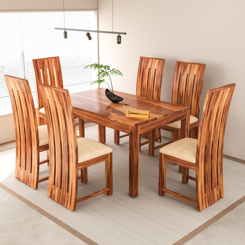 Image of Solid Sheesham Wood Dining Room Sets 6 Seater Dining Table with 6 Chairs for Dining Room, Living Room, Kitchen, Hotel, Restaurant, Cafeteria (Zinor, Honey Finish)