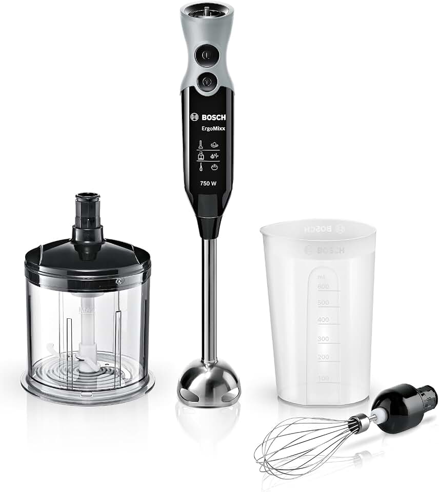 Bosch - Batidora de mano profesional, ErgoMixx, 750 W, 12+1 velocidades, QuattroBlade, Picador y vaso, Negro, MSM67160