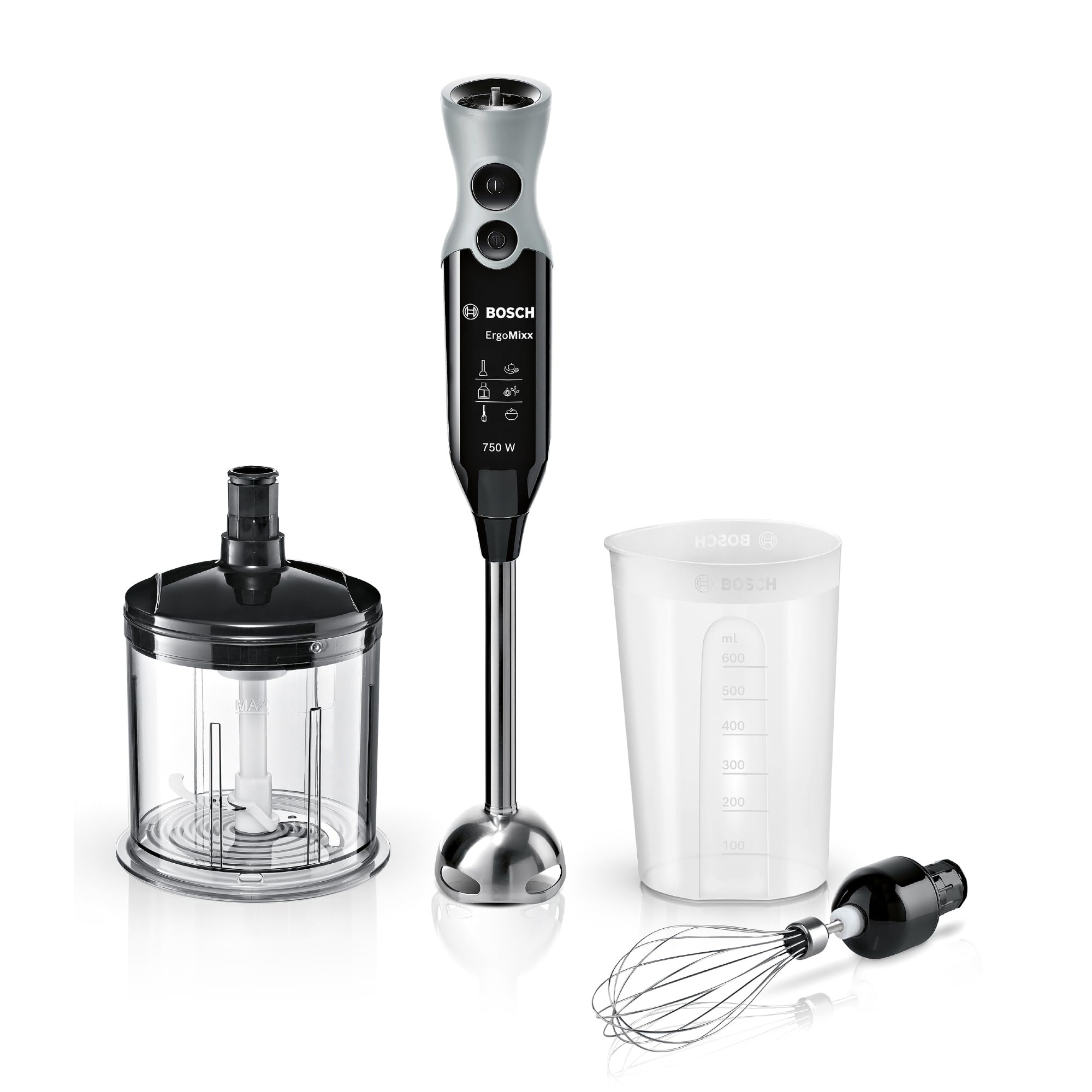 Bosch - Batidora de mano profesional, ErgoMixx, 750 W, 12+​1 velocidades, QuattroBlade, Picador y vaso, Negro, MSM67160