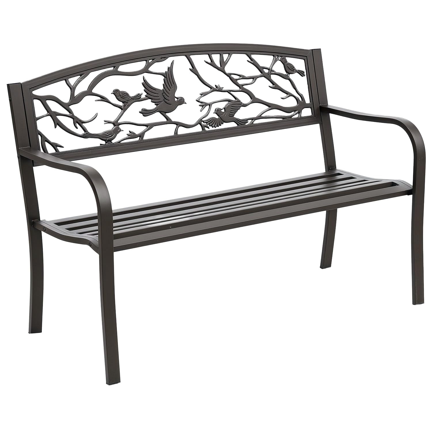 Outsunny Banco de Jardín de Acero Banco de Exterior con Apoyabrazos y Respaldo con Imagen de Animales Carga 240 kg para Patio Terraza 127x60x85 cm Marrón