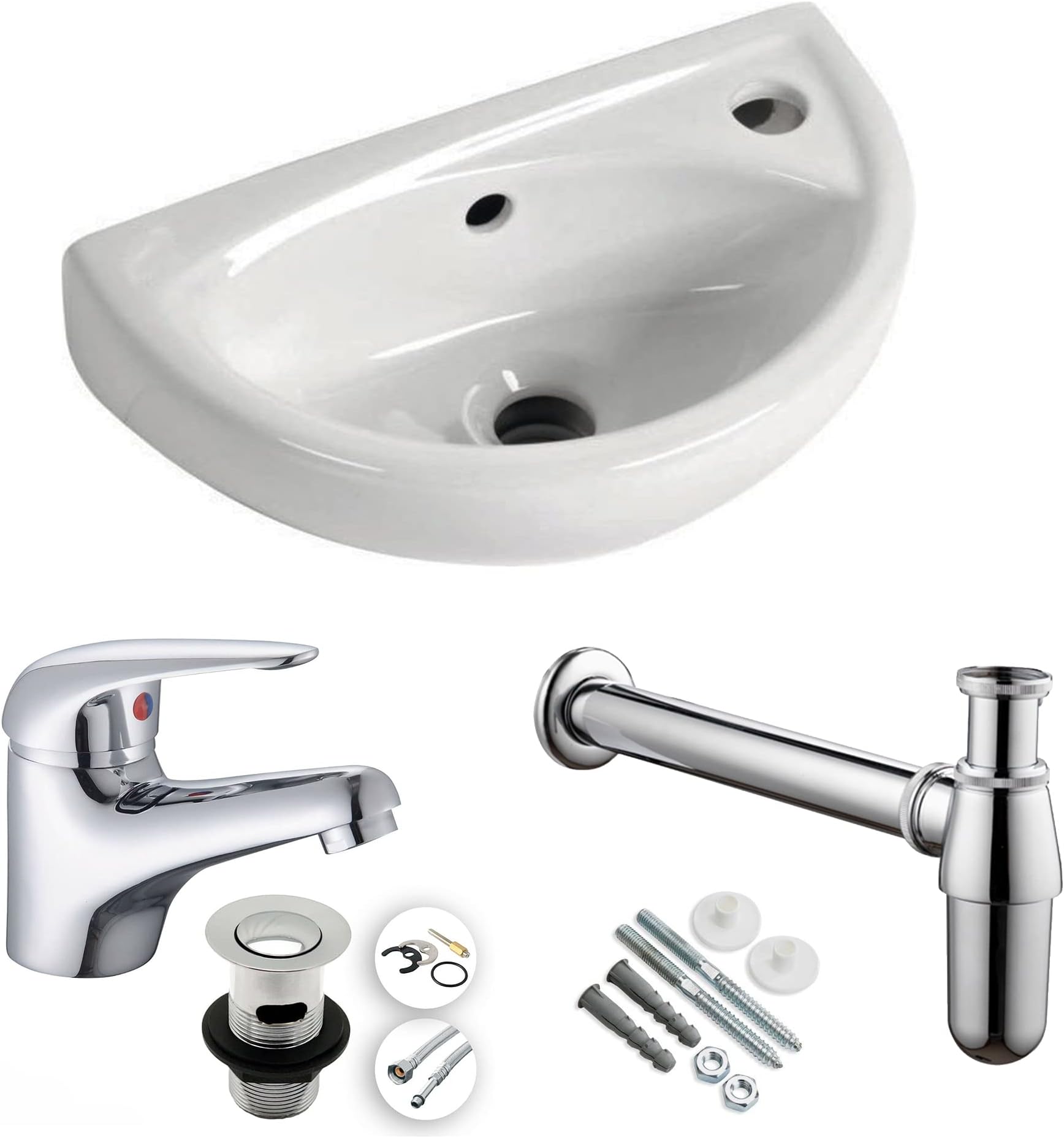 Compact Small Cloakroom Basin Sink + Tap & Trap Set