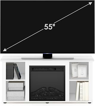 Furinno Jensen Entertainment Center Stand with Fireplace for TV up to 55 Inch, Corded Electric, White