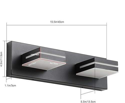 Miniatura 7 de SineRise Lámparas LED modernas para tocador de baño (2 luces, 15.5 pulgadas, regulables), negro mate, accesorios de iluminación de pared de acrílico
