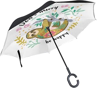 Don't Hurry Be Happy Cute Sloth Hanging Windproof Inverted Open Close Reverse Rain Umbrella Inside Out Quality Waterproof Parasol Upside Down Stick Shelter with Hook c Handle