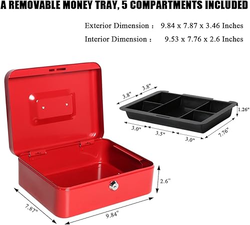 Miniatura 3 de Jssmst SM-CB00125RD - Caja de dinero con bandeja, caja de dinero roja con cerradura de llave, caja de dinero con cerradura para dinero, 9.84 x 7.87