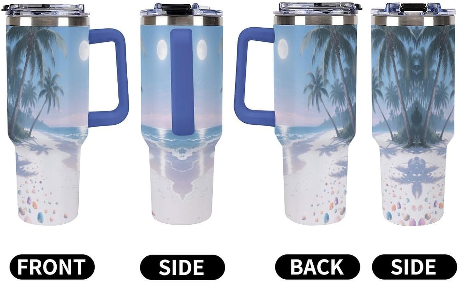 Travel Coffee Mug 40OZ Thermo Cups Thermos Cup Drink Cups Moonlight Coconut Beach Thermos with Cup with Handle Lid And Straw Suitable for Gifts Parties Offices Traveling