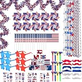 Mikbnfrb 133PCS 4th of July Patriotic Party Favors Supplies Accessories Bulk, Garland Pinwheels Flags Necklaces Tattoos Beard Glasses Bracelets Blow Outs for Memorial Day