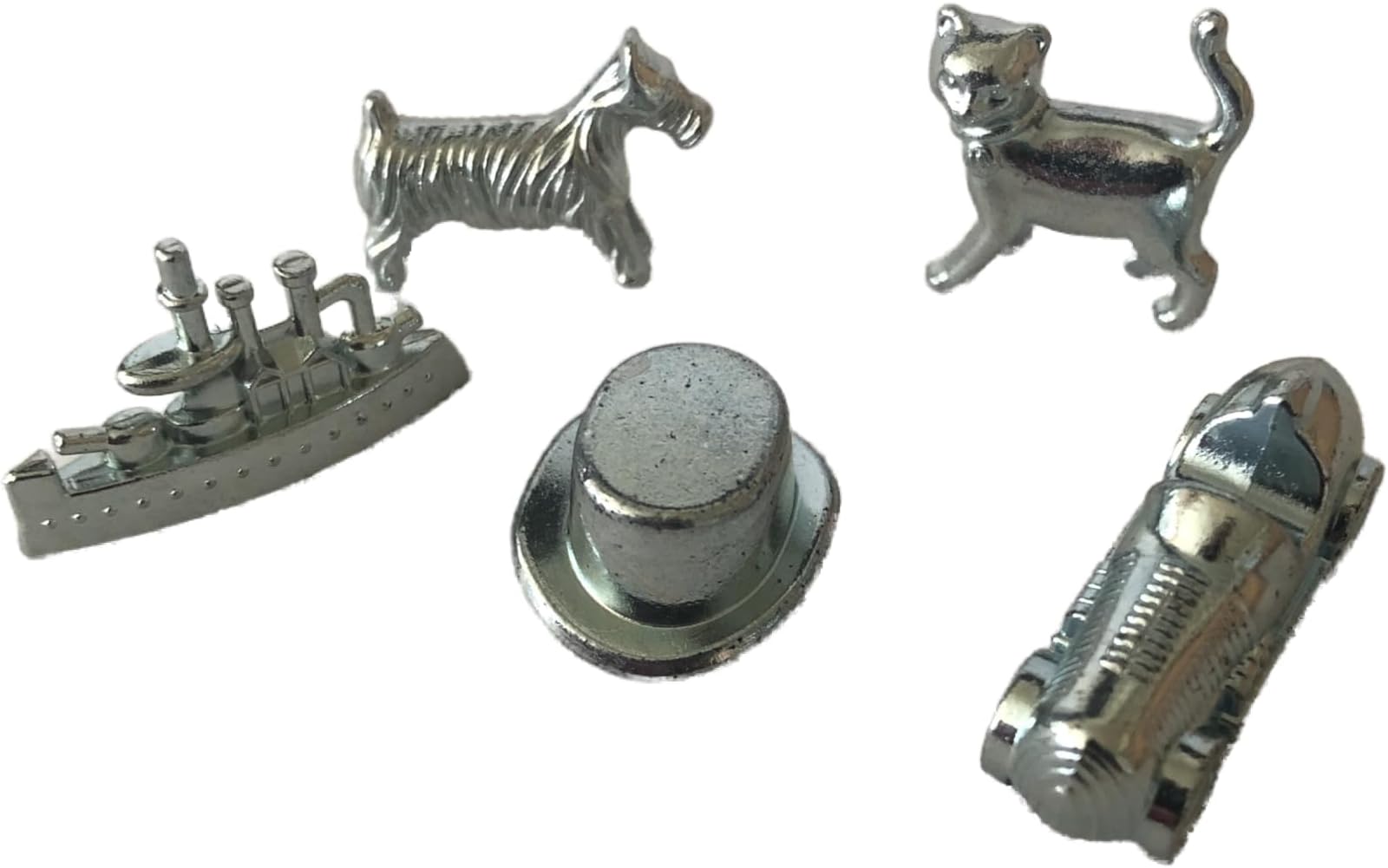 Replacement for Classic Monopoly Board Game Replacement Pieces Movers Tokens Pawns Set of 5 Scotty Dog, Cat, Top Hat, Race Car, Battleship