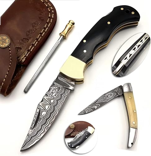 Juego de 4 cuchillos de bolsillo de 6.5 pulgadas hechos a mano de Damasco plegable, cuchillo de caza de Damasco con funda, cuchillo de bolsillo de