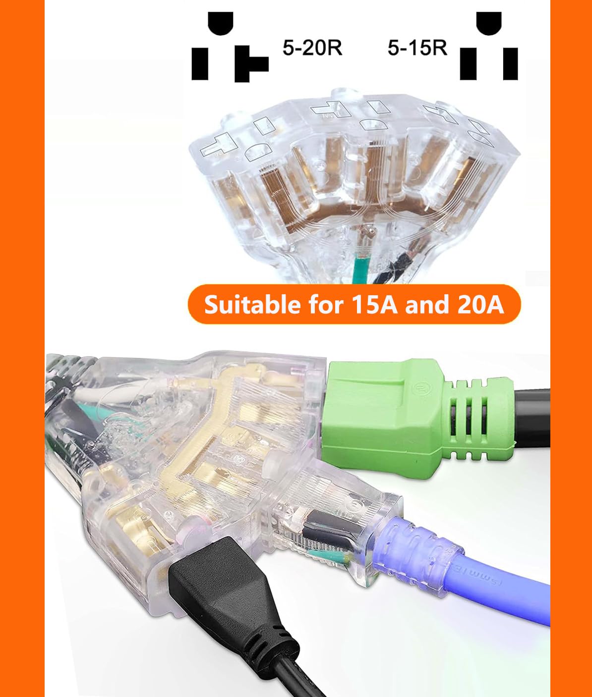 30 Amp to 20 Amp 110V RV Cord Distribution Plug Adapter, NEMA TT-30P to 3X 5-20R Household Outlet, 3 Prong to LIT 3-Way Outlet Splitter for RV Generators with Lighted End, 1FT
