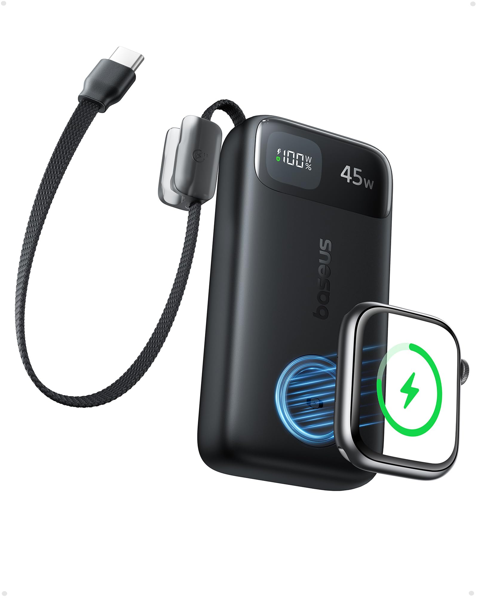 Baseus 10000mAh 45W Portable Charger Power Bank & 5W Apple Watch Charger | Built-in Cable, Flight-Safe, Compact Size, Fast Charging Battery Pack...