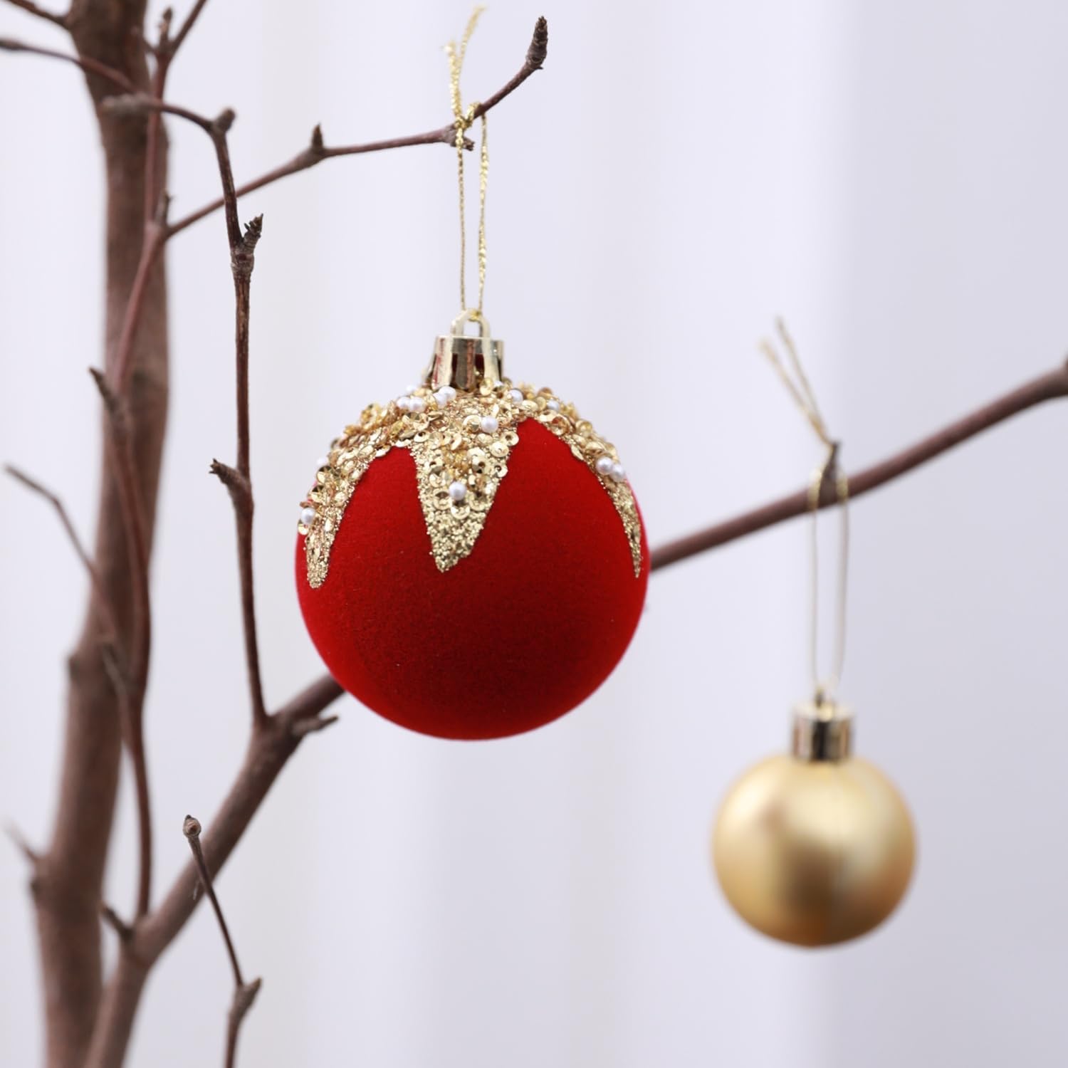 Luxury Red & Gold Kids' Room Christmas Set: 3ft Pre-lit Norfolk Tree with 50 Warm White LEDs, 85 PE Tips, Metal Stand + 12ct 2.36" Velvet Ornaments + 30ct 1.57" Shatterproof Hanging Balls