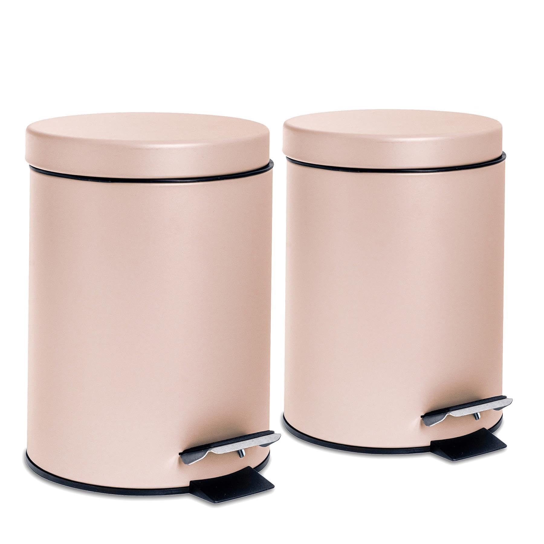 Harbour Housewares 3L Bathroom Bins - Matte Pink - Pack of 2 - Round Stainless Steel Pedal Bin Slim Kitchen Rubbish Trash Can Garbage Dustbin with Lid and Inner Liner Bucket