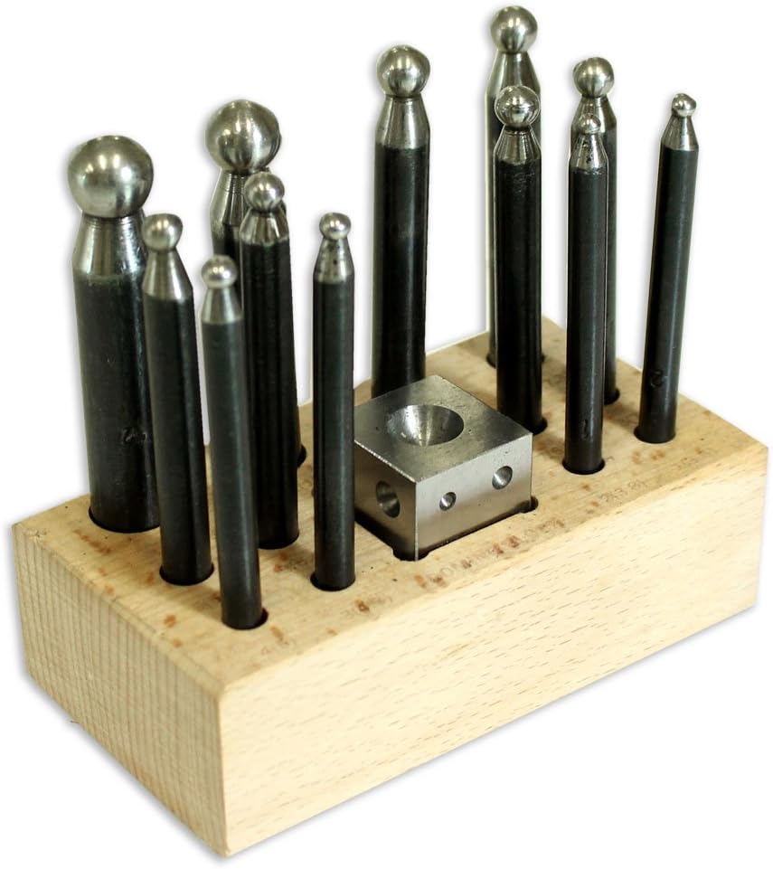 5 Pc. Large Dapping Punch Set | Heavy-Duty Metal Bending Tools | Jumbo Sizes: 28mm-45mm | with Marked Wooden Stand 4.75" x 1.25" x 3.7"