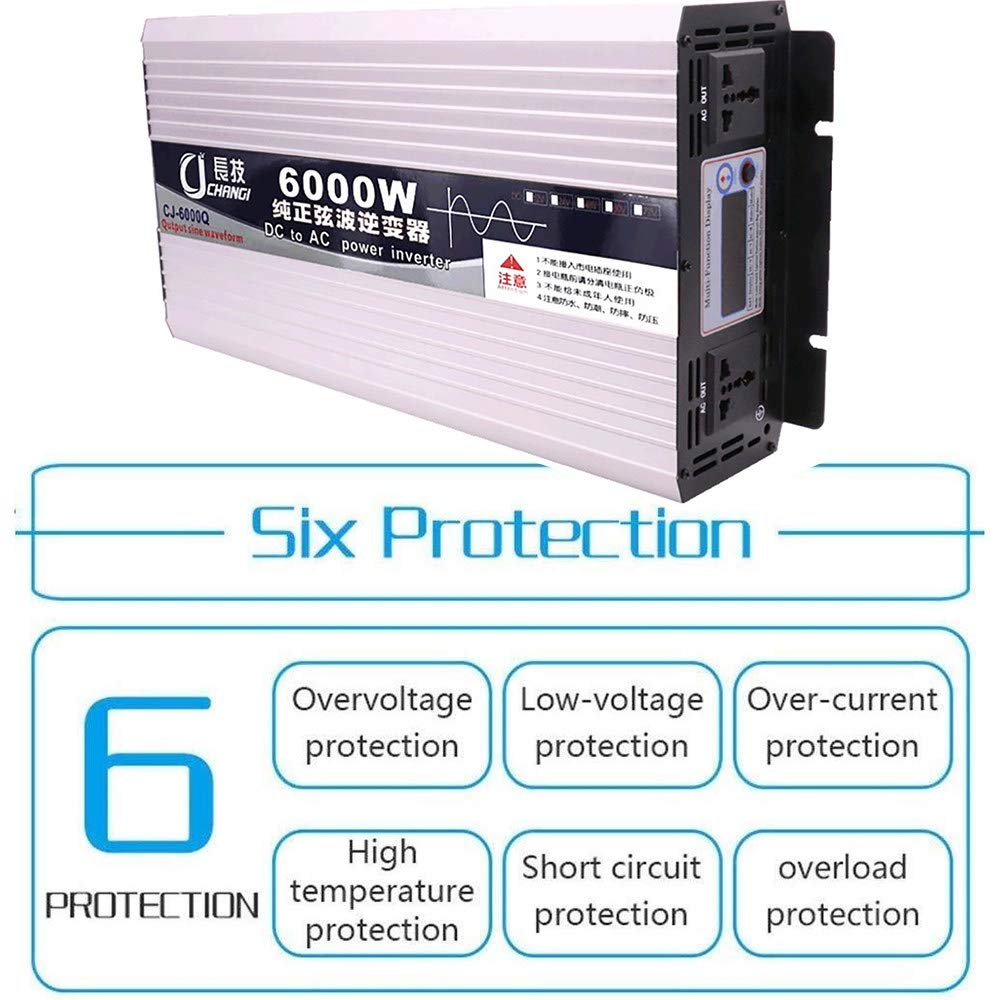 Inverter a onda sinusoidale pura (3000-6000W), 12/24 / 48/60 / 72V - 220V, trasformatore di potenza, schermo LCD + protezioni multiple, con cavo batteria,12V-6000W