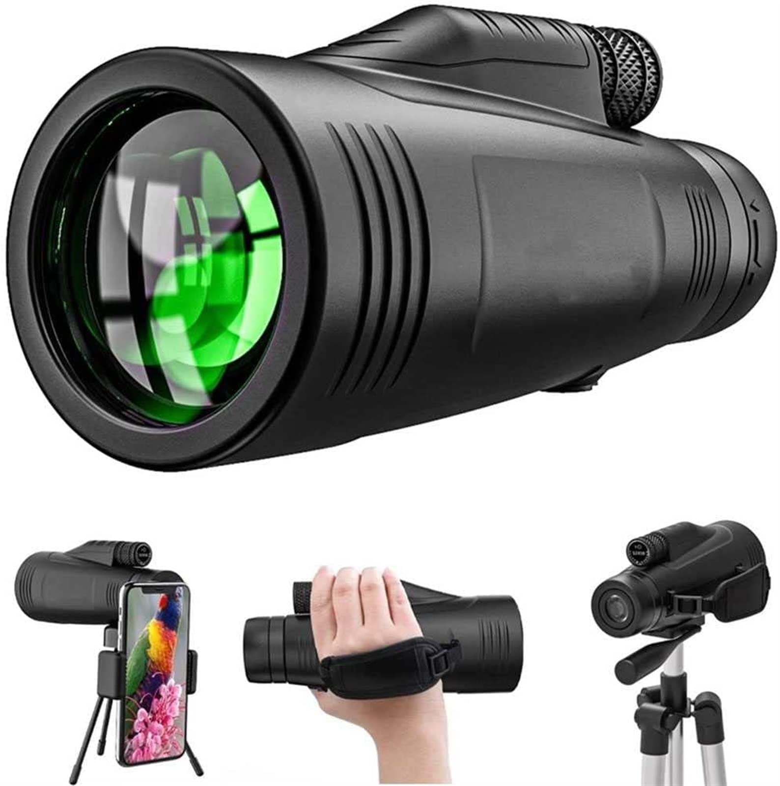 AKAZI Telescopio monoculare HD 12x50, Prisma Bak4 ad Alta Potenza e Obiettivo FMC con treppiede Porta Smartphone per Escursionismo, Birdwatching, Campeggio, Viaggi