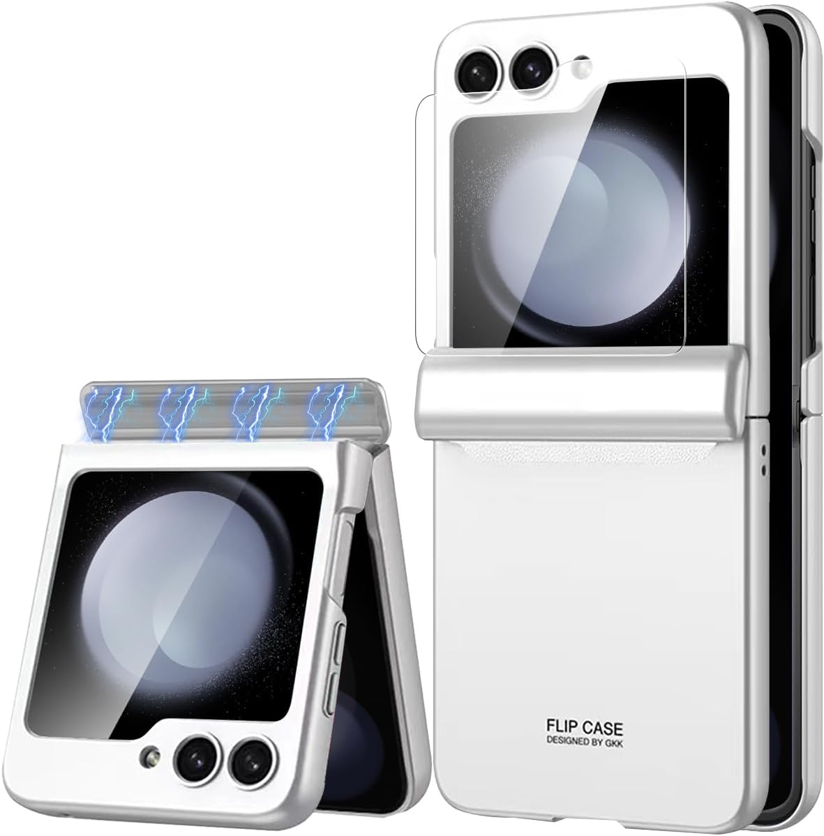 Miimall Galaxy Z Flip 5 Case with Screen Protector and Hinge Protection, Slim Phone Case (Silver)