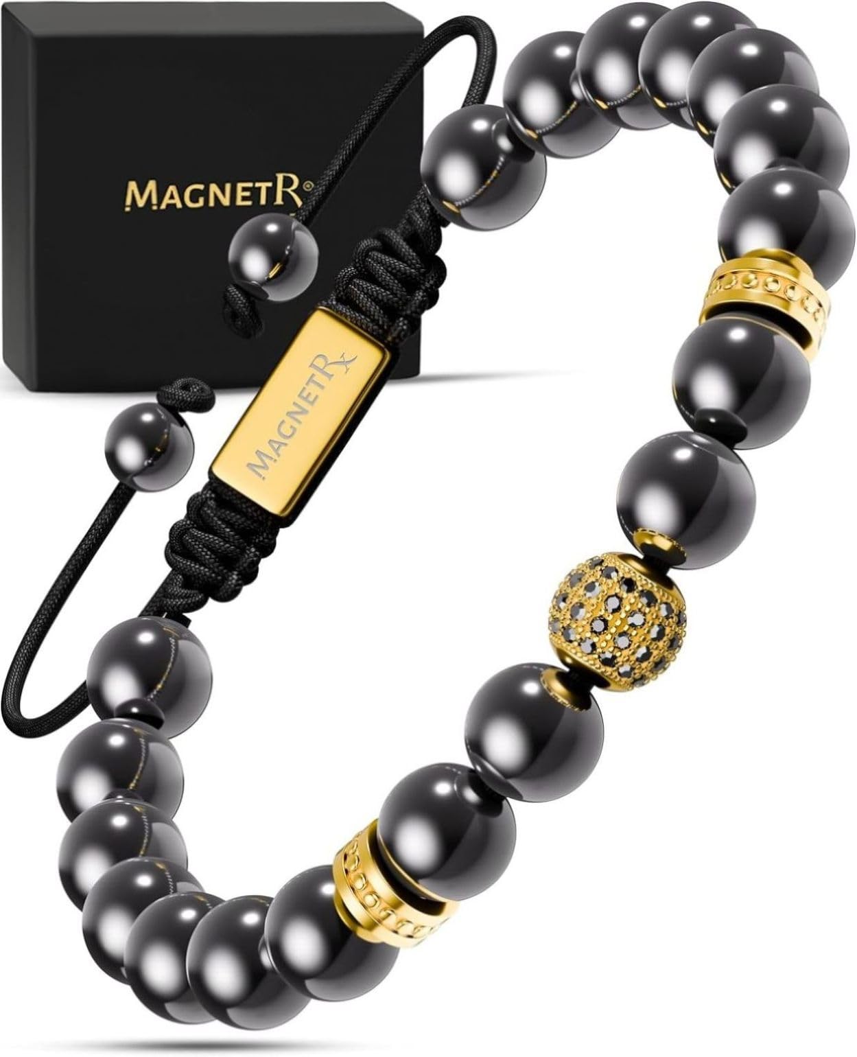 MagnetRX® Pulsera Magnética Terapéutica de Hematite - Brazalete con Piedras Potentes Curativas para un Alivio Natural del Dolor - Pulsera con Hematitas Magnetoterapia (Dorado Zeus Cuentas 8mm)