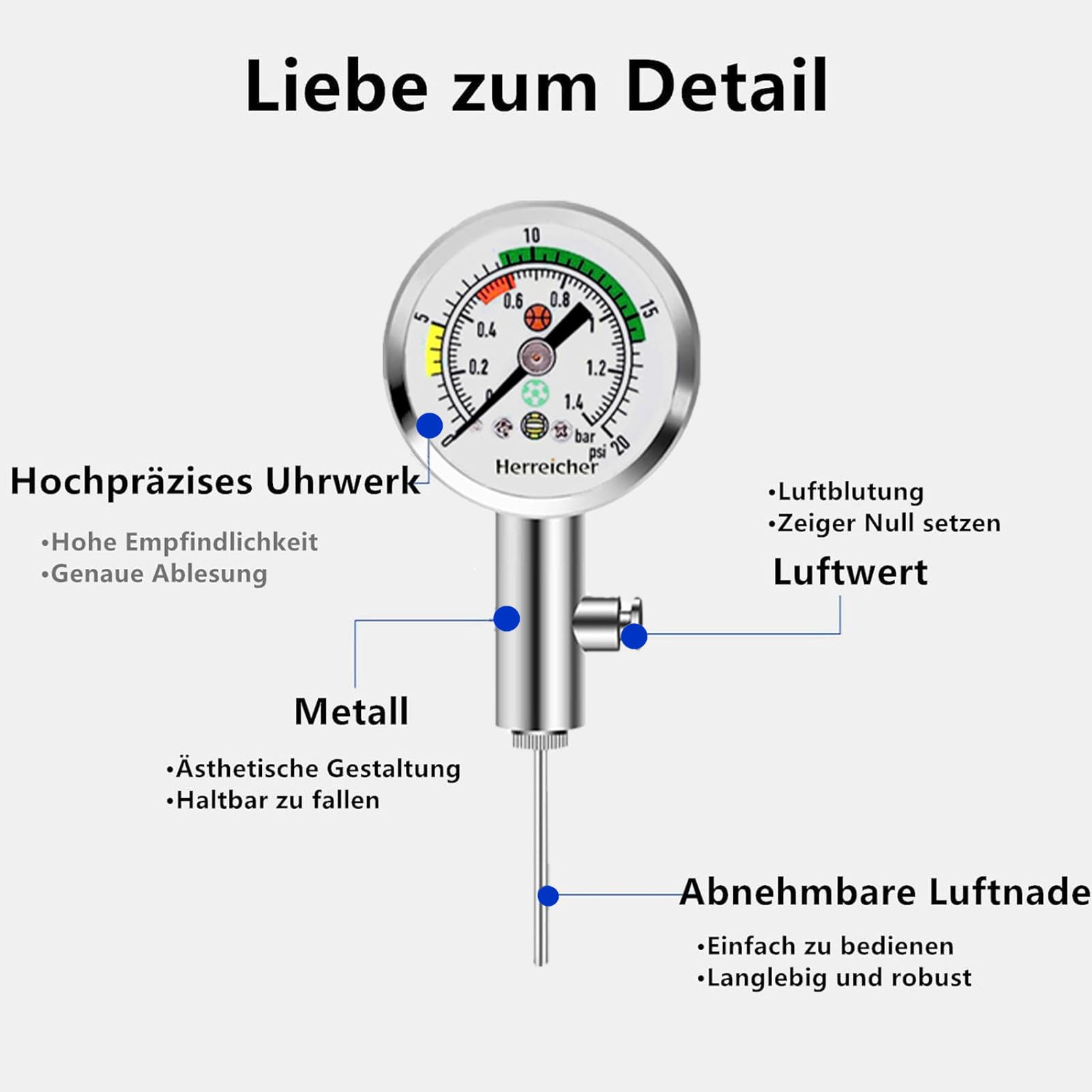 Jauge de pression d'air de précision pour football, basketball, volleyball et rugby - Boîtier en métal robuste et affichage clair (0-20 PSI/0-1,4 bar) - Aiguille pour toutes les valves à bille
