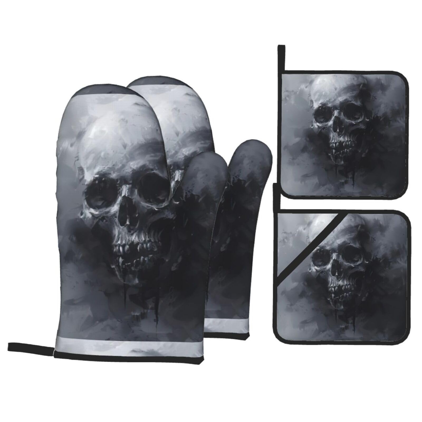 Horror Ghost Skull Print Kitchen Oven Mitts And Pot Holders Set,Hanging Loop Design For Cooking Baking Bbq