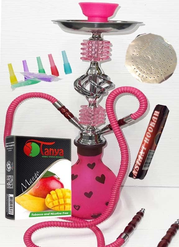 2 mangueras Camal Hookah de 18 pulgadas de altura bonita forma viene con 10 carbón instantáneo 5 puntas de boca 25 papel de aluminio y sabor rosa
