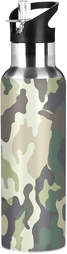 Botella de agua deportiva militar de camuflaje con pajilla, botella térmica de acero inoxidable aislada al vacío, a prueba de fugas, sin BPA, para