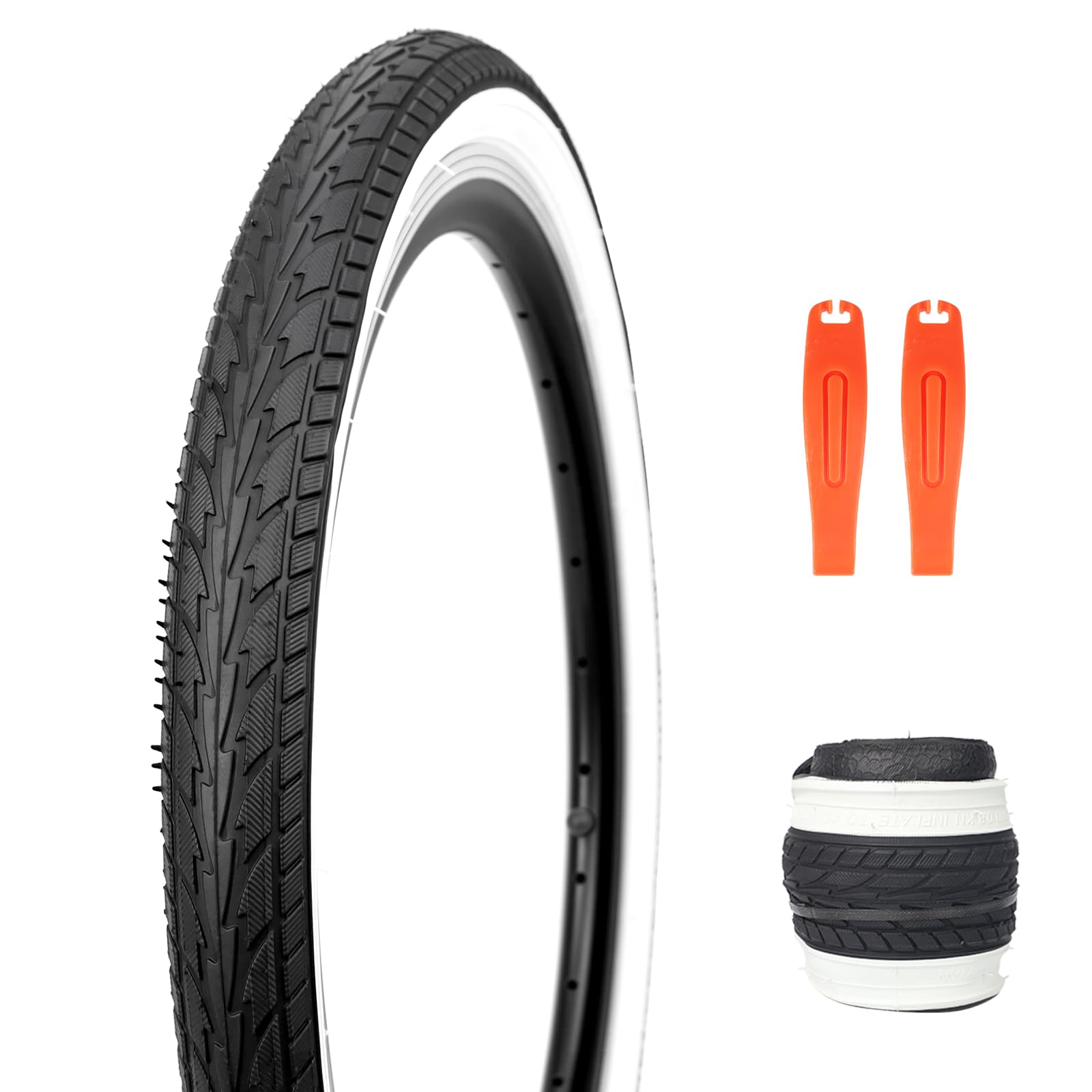 20/24/26 x 1.75 Inch Bike One/Two Pack Bicycle White Wall Side Black Tires Folding Bead Tires with/Without Inner Tubes Compatible with 20"/ 24"/ 26"