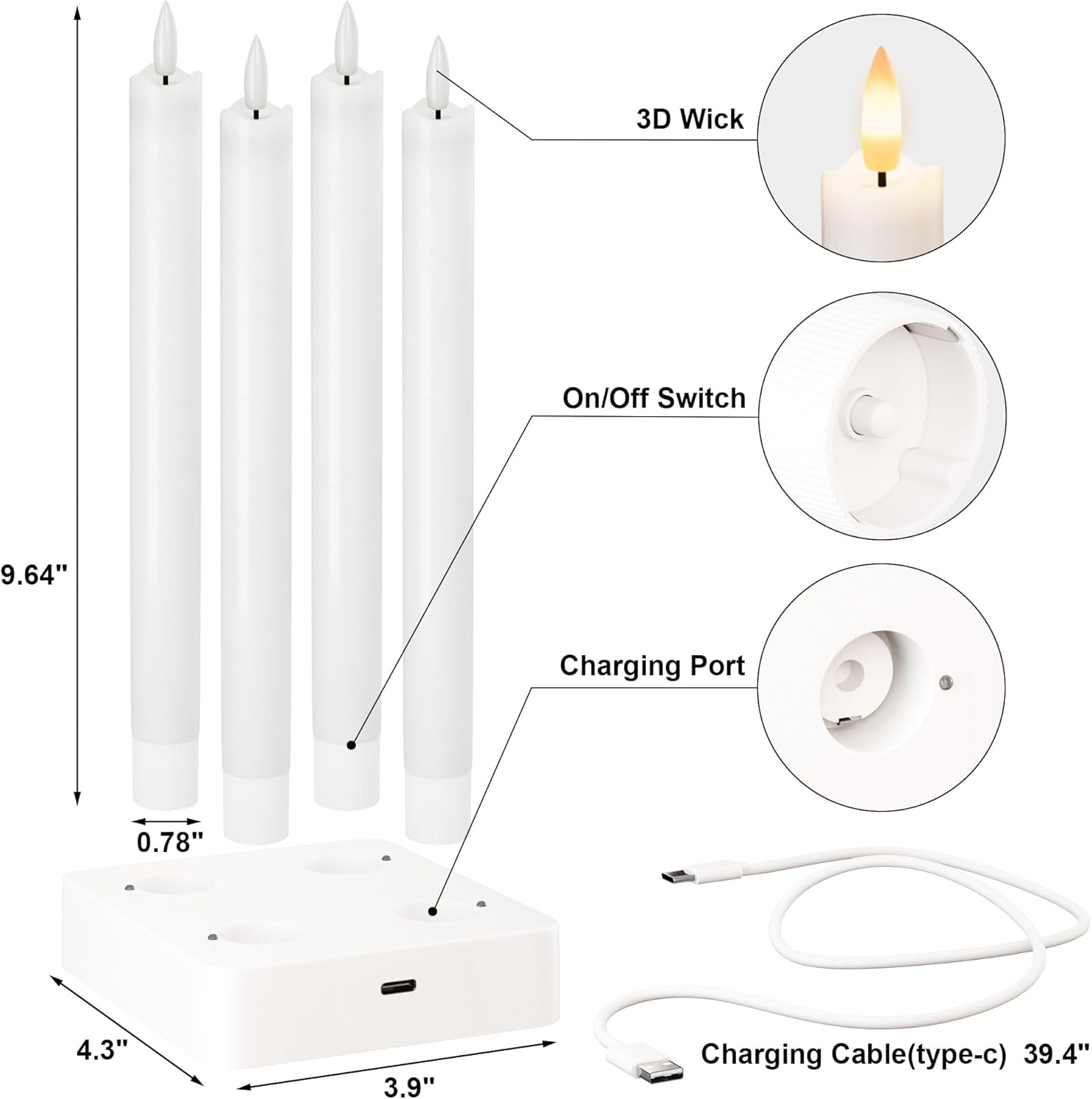 Rechargeable Flameless Taper Candles, Real Wax 9.6 Inch LED Candlesticks with Remote, flickering White Battery Operated Candles with Charging Station for Home, Holidays, Weddings, Party Decor, 4 Pack