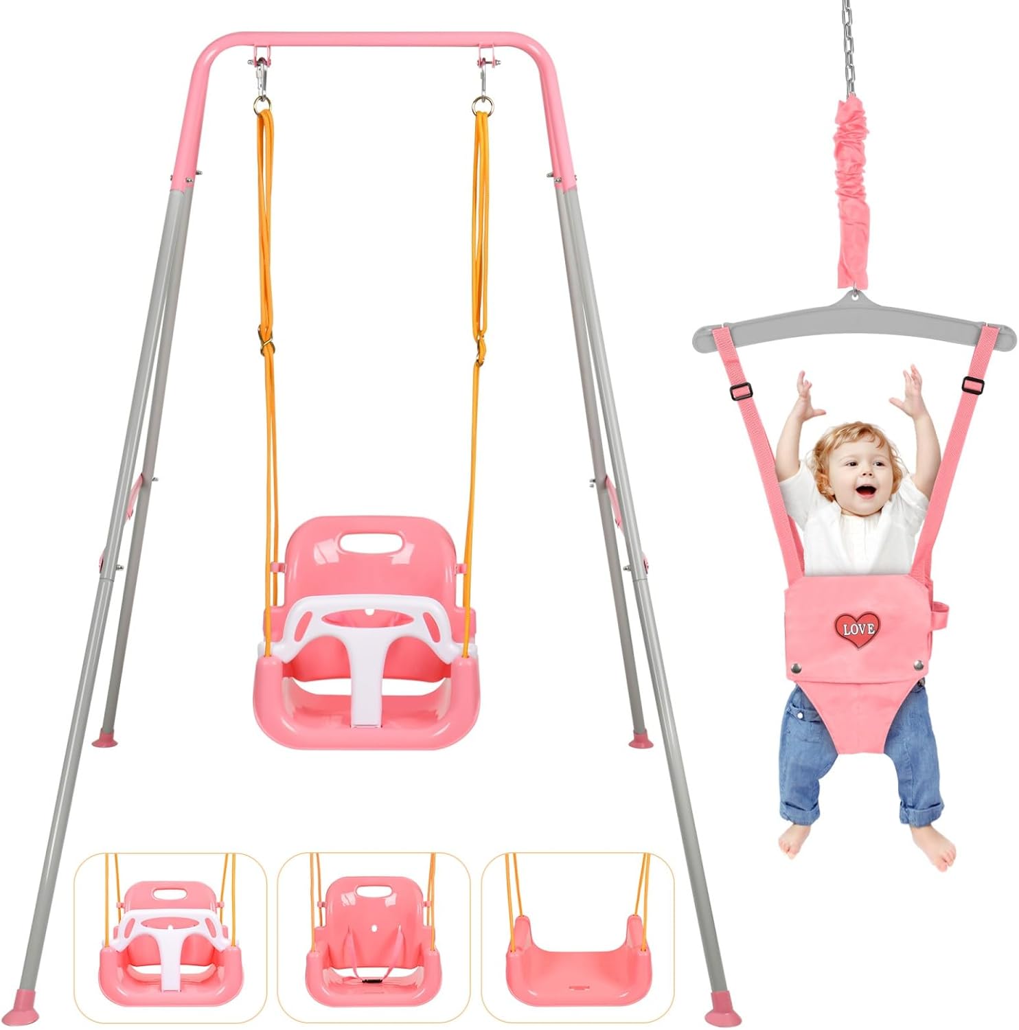 4-in-1 Toddler Swing Set & Baby Jumper and Bouncer for Toddlers, Foldable Baby Swing Stand for Outdoor Indoor Play, Easy to Assemble and Store for Ages 6 Months to 10 Years Old(Pink)