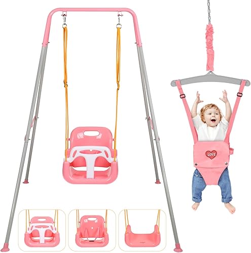 Juego de columpios 4 en 1 para niños pequeños con jersey de bebé, soporte plegable para columpio para bebé para jugar al aire libre e interior,