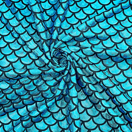 FINGERINSPIRE Tela de Escamas de Sirena 100x150cm Holograma Cian Oscuro Tela de Escamas de Pescado elástica en 2 direcciones Spandex Brillante Sirena Impreso Escama de Pescado Tela elástica