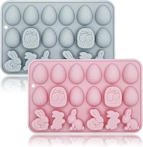 Paquete de 2 moldes de chocolate para gomitas de Pascua, 18 cavidades, huevo, conejo, dulces, bandeja para hornear pastel de chocolate, postre,