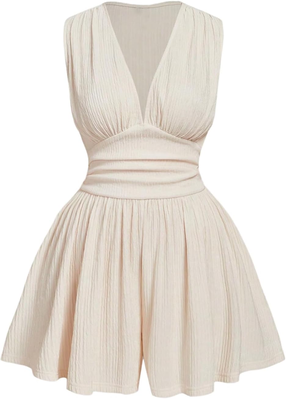 SOLY HUX Women's Plus Size Ruched Deep V Neck Romper Summer Sleeveless Wide leg Short Jumpsuits