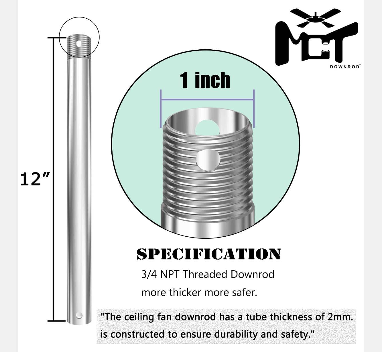 3/4x12` CEILING FAN DOWNROD BRUSHED NICKEL,Threaded