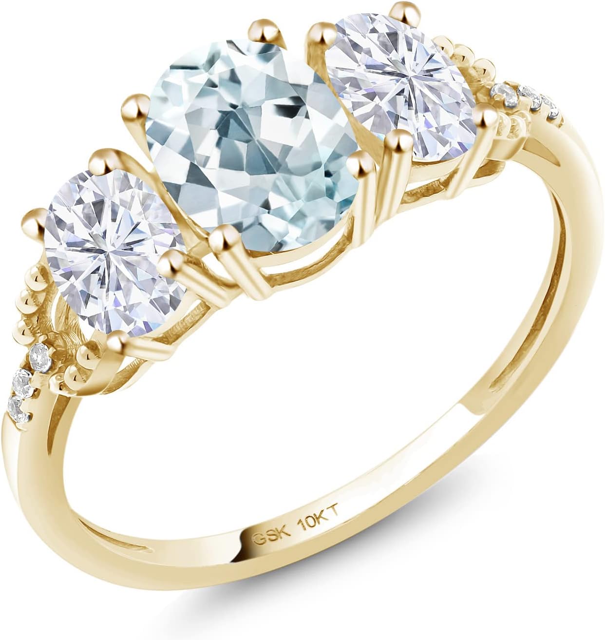 Gem Stone King 10K Yellow Gold Sky Blue Aquamarine White Moissanite and Diamond Accent 3-Stone Engagement Ring for Women | 1.77 Cttw | 3 Stone Wedding Anniversary Promise Ring